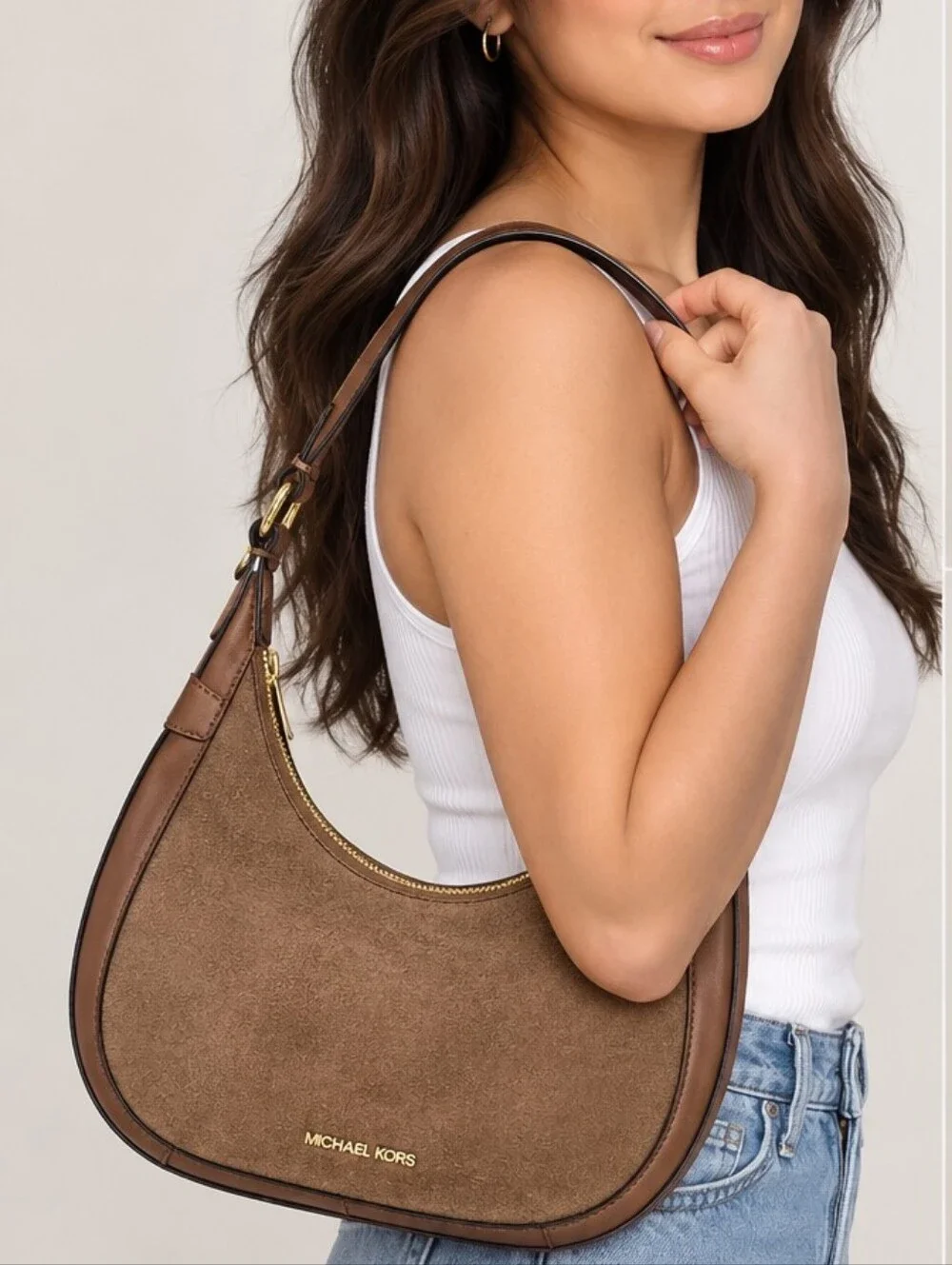Michael Kors Preston Small Brown Suede Leather Hobo Shoulder Bag NWT